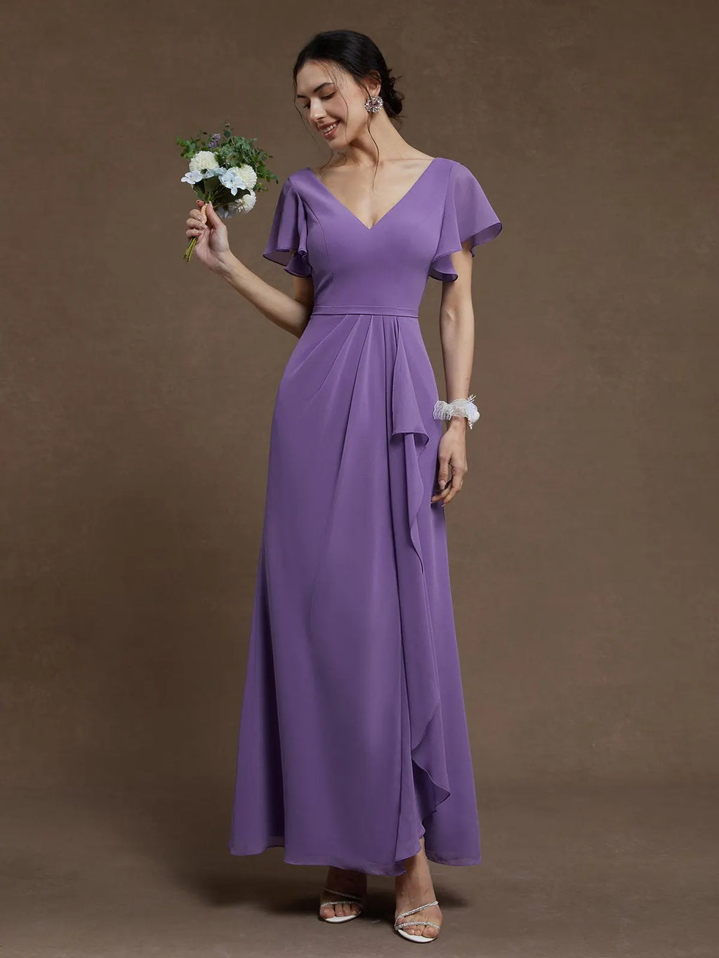Purple Ruched V Neck Ruffle Sleeve A-Line Maxi Chiffon Bridesmaid Dress