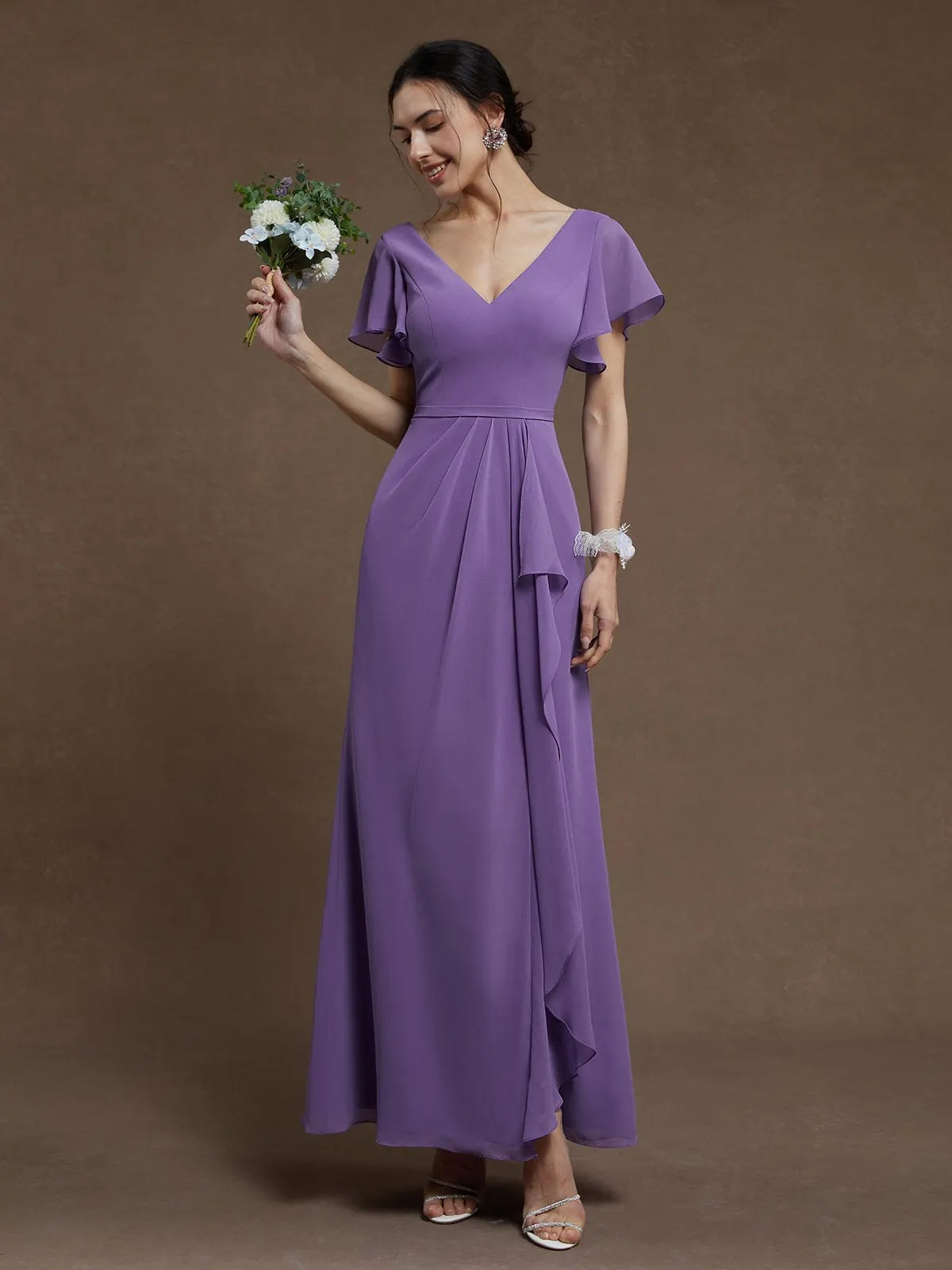 Purple Ruched V Neck Ruffle Sleeve A-Line Maxi Chiffon Bridesmaid Dress