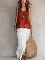 Caramel Sleeveless Top And White Slit Skirt Linen Suit