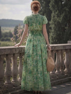 Maxi Linen Dress, Short Sleeves, Round Neck, Floral, Vintage, Green