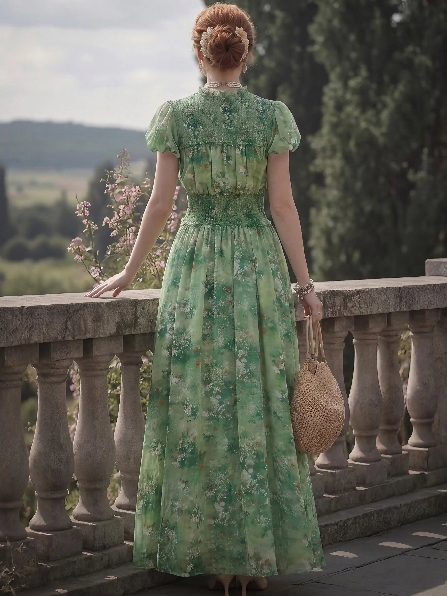 Maxi Linen Dress, Short Sleeves, Round Neck, Floral, Vintage, Green