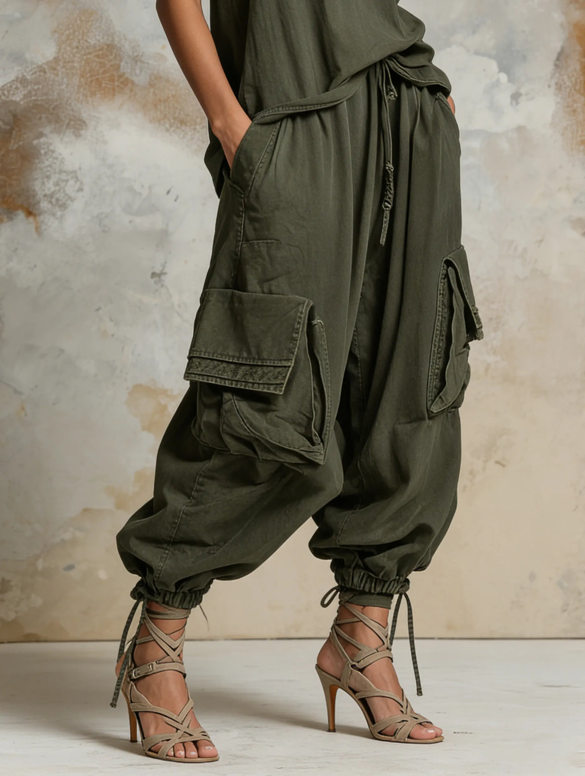 Relaxed Cargo Denim Set Drawstrings At The Cuffs