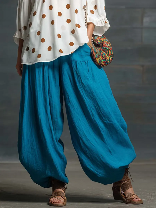 Artistic Color-block Polka Dot Cotton-linen Two-piece Set