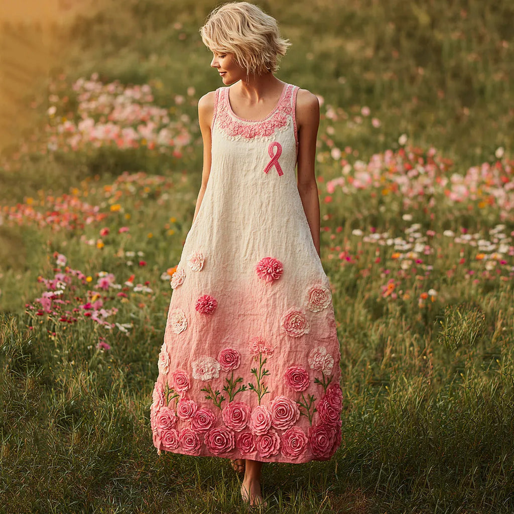 Cozy Pink Floral Embroidered Gradient Linen Tank Maxi Dress