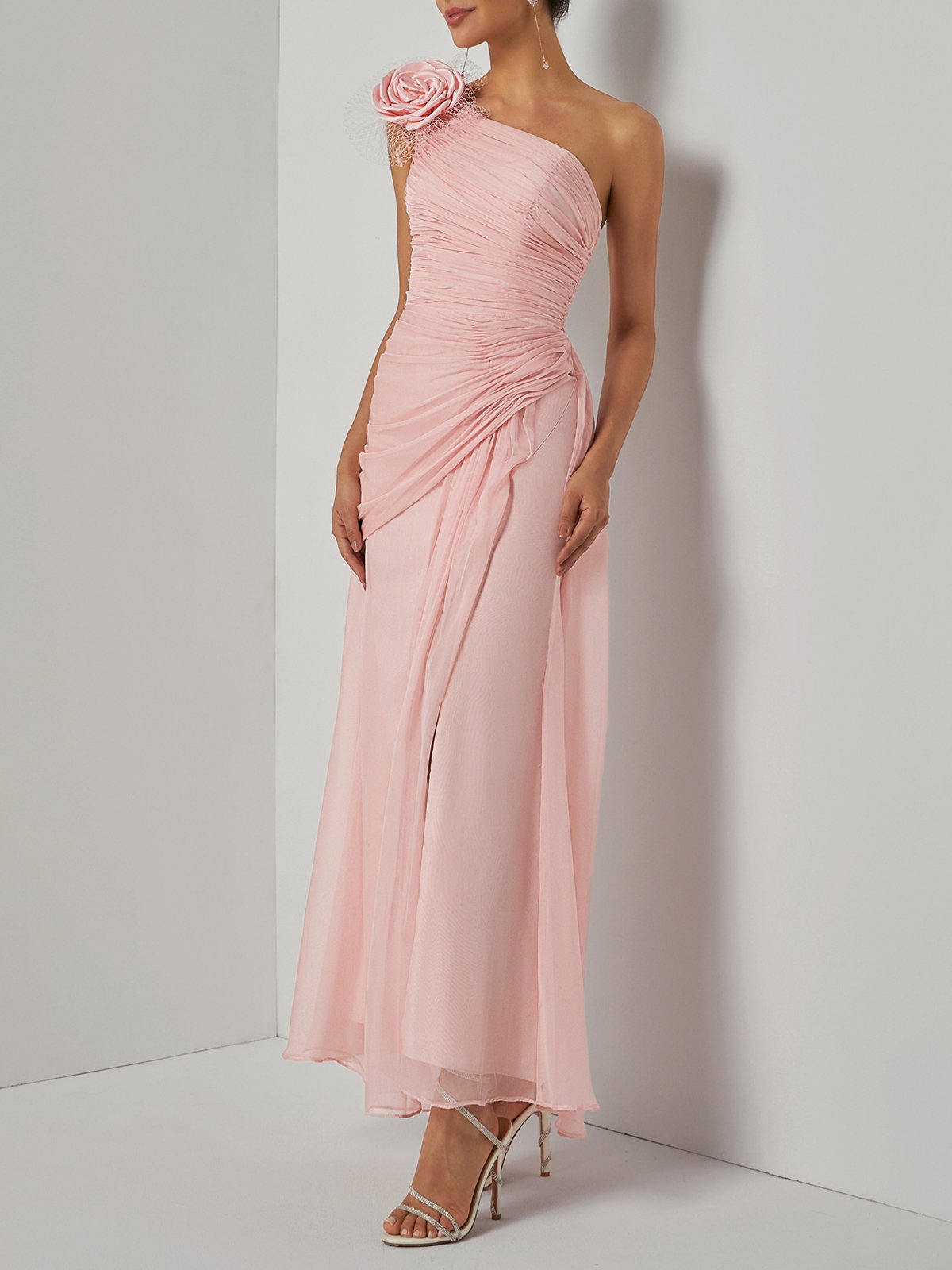 Pink Removable 3D Floral Chiffon One Shoulder Sleeveless Sheath Gown Dress