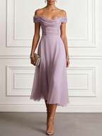 Purple Pleated Chiffon Off The Shoulder Sleeveless A-Line Midi Dress