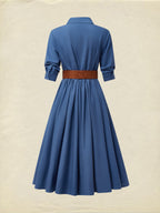 Midi Linen Dress, Half Sleeves, Shawl Collar, Plain, Button Design, Vintage, Dark_blue