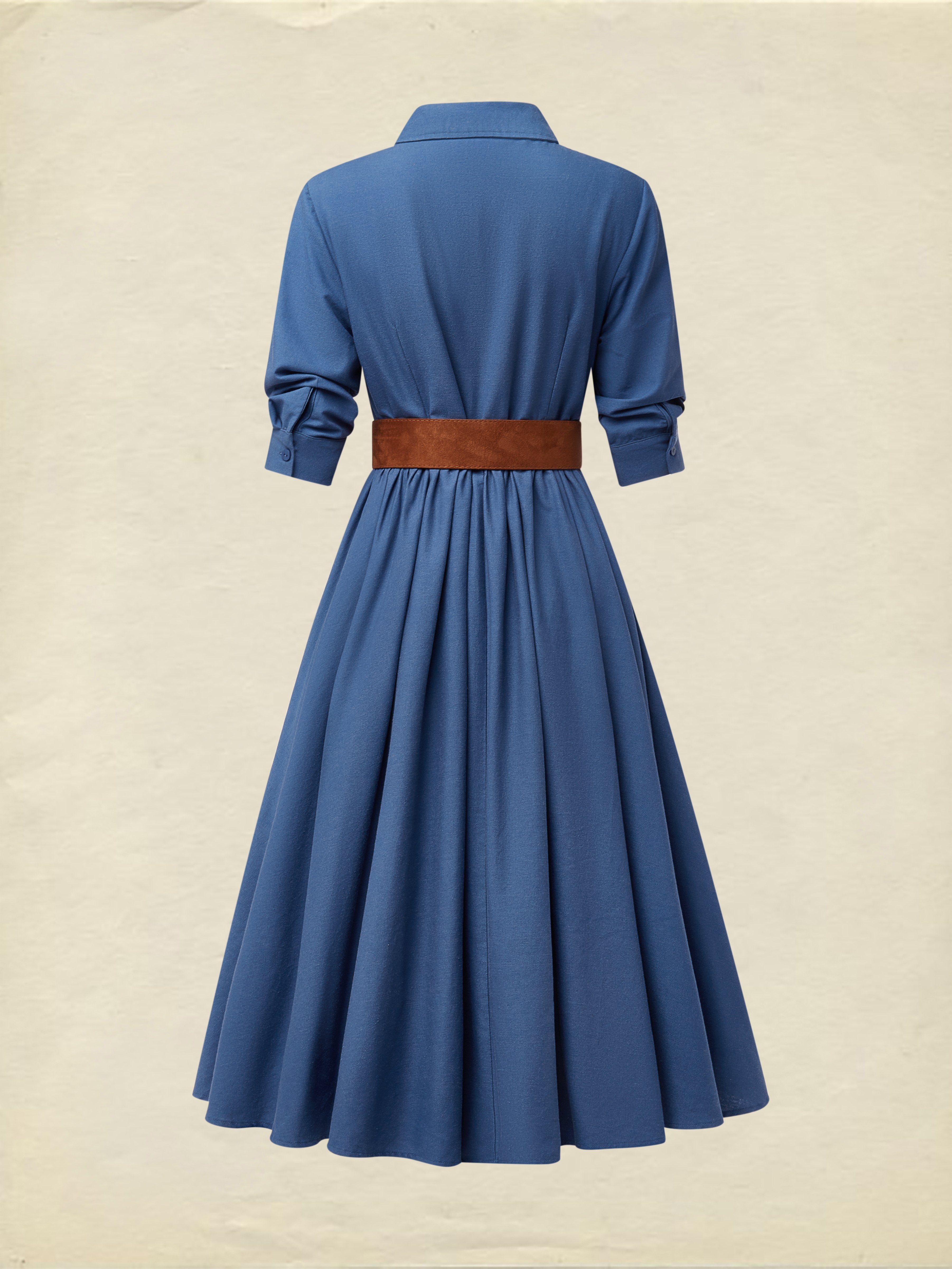 Midi Linen Dress, Half Sleeves, Shawl Collar, Plain, Button Design, Vintage, Dark_blue