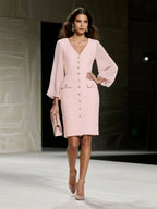 Pink Buckle Tweed V Neck Long Balloon Sleeve Sheath Midi Dress