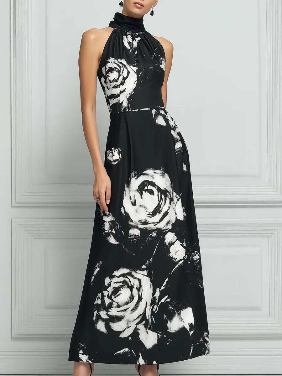 Elegant Black Halter Maxi Dress With White Rose Print