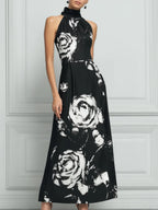 Elegant Black Halter Maxi Dress With White Rose Print
