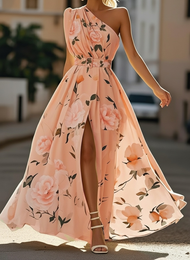 Lightgreen Ruched Slit Chiffon One Shoulder Sleeveless A-Line Floor-length Gown Dress