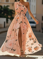 Lightgreen Ruched Slit Chiffon One Shoulder Sleeveless A-Line Floor-length Gown Dress