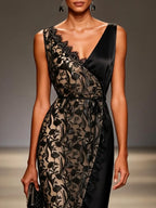 Black Lace Embroidery Sheer Mesh V Neck Sleeveless Wrap Sheath Maxi Dress