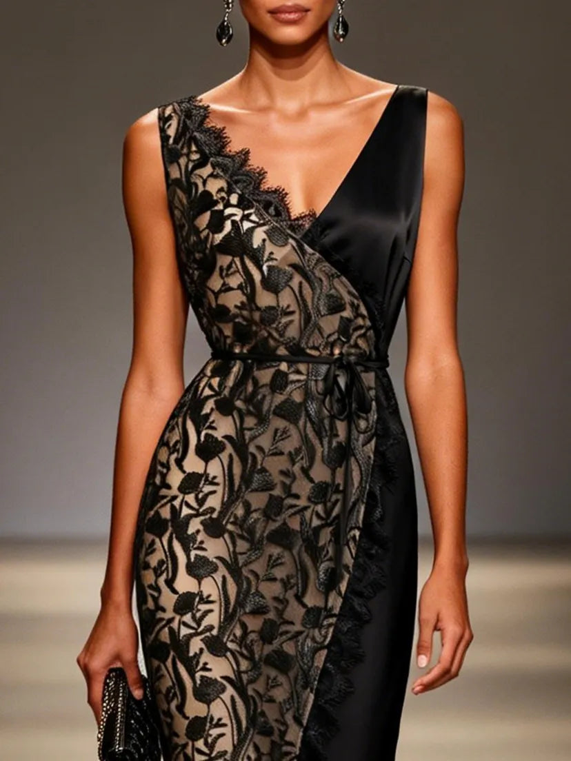 Black Lace Embroidery Sheer Mesh V Neck Sleeveless Wrap Sheath Maxi Dress