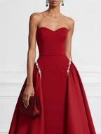 Red Faux Pearl Split Joint Satin Strapless Sleeveless A-Line Gown