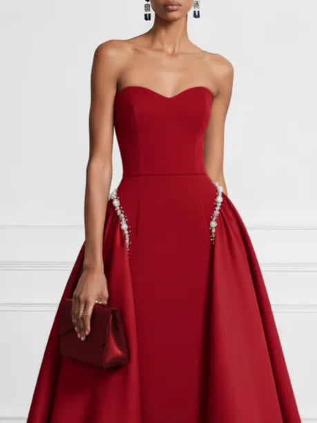 Red Faux Pearl Split Joint Satin Strapless Sleeveless A-Line Gown