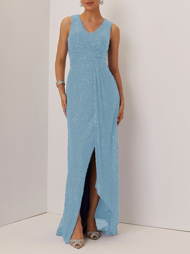 Blue Ruched Sequin V Neck Sleeveless A-Line Maxi Mother of the Bride or Groom Dress