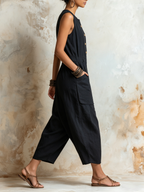 Black Linen-Blend Sleeveless Harem Jumpsuit | Effortless Boho Utility Style