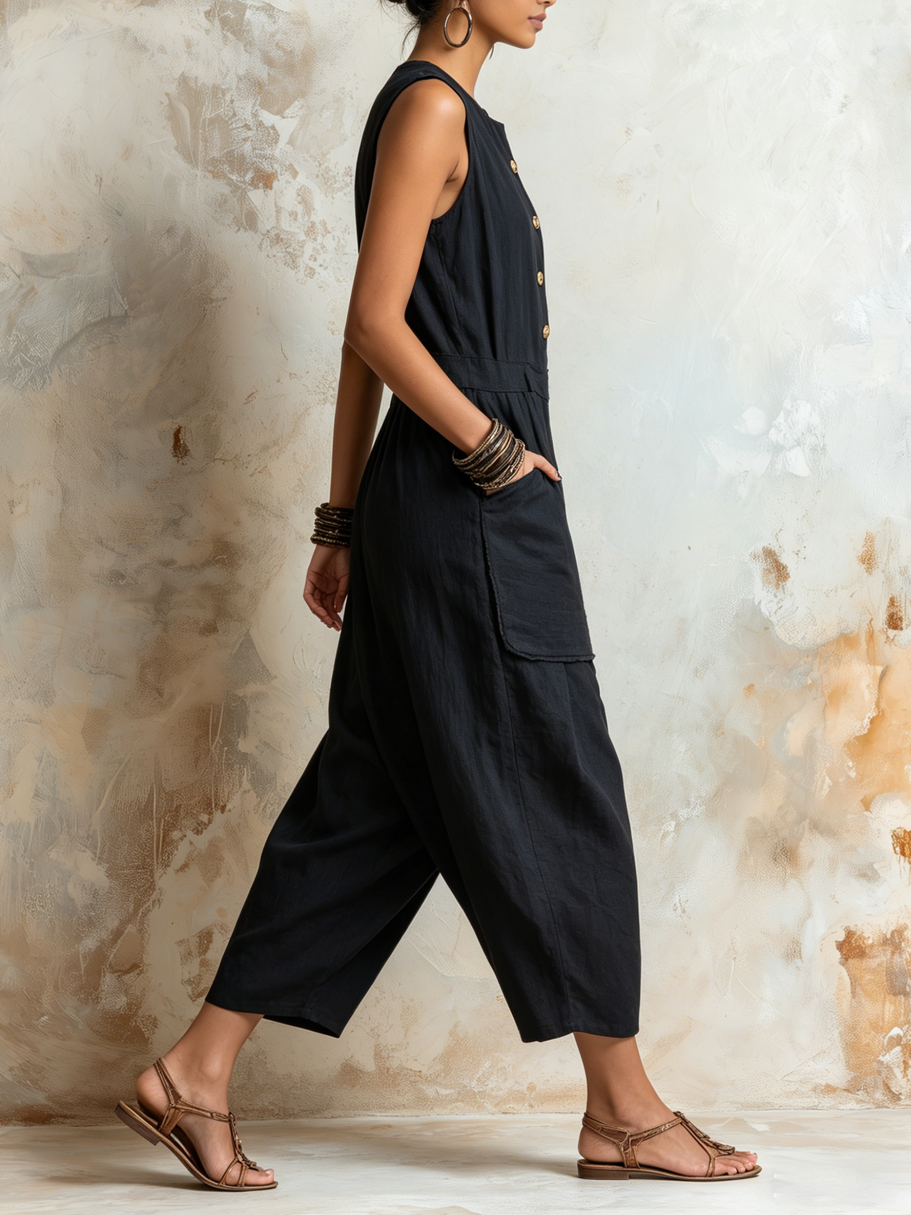 Black Linen-Blend Sleeveless Harem Jumpsuit | Effortless Boho Utility Style