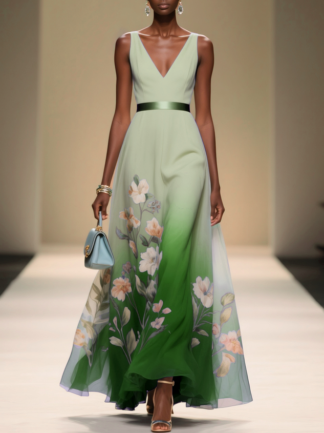 Light Blue Ombre Floral Chiffon V Neck Sleeveless A-Line Midi Dress