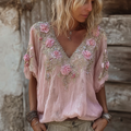 Vintage Boho Pink Roses Lace Flowy Linen Tunic