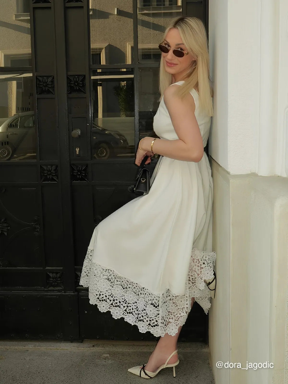 White Lace Classic Square Neck Sleeveless A-Line Maxi Dress