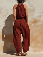 Burgundy Linen Blend Halter Neck Harem Jumpsuit