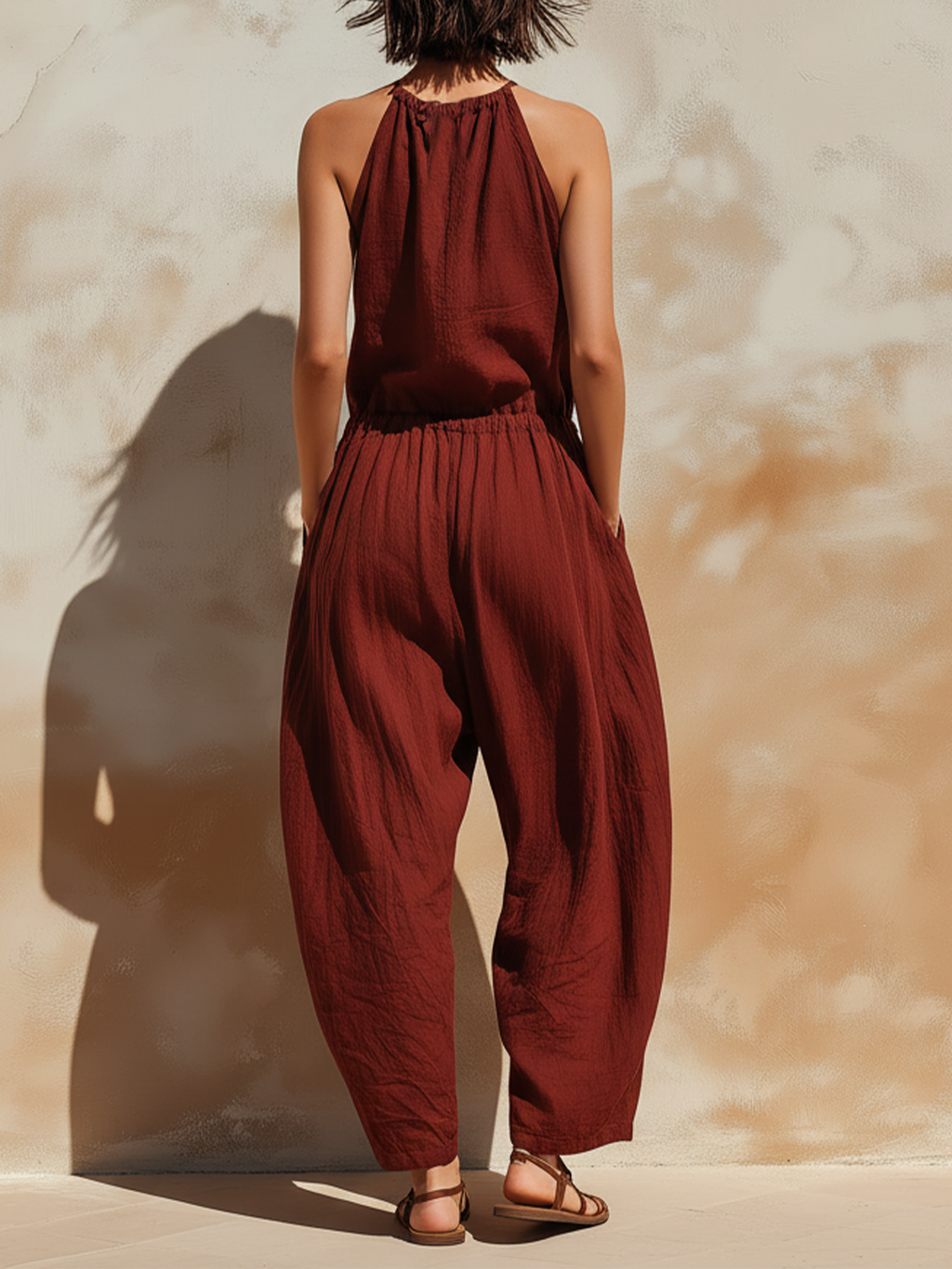 Burgundy Linen Blend Halter Neck Harem Jumpsuit