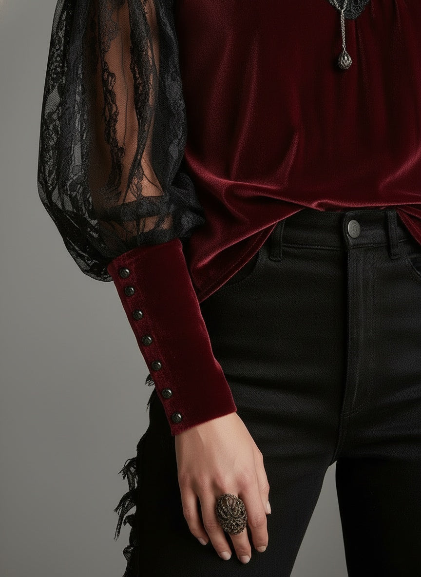 Elegant Velvet & Lace Victorian-Inspired Blouse