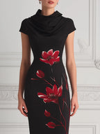 Black Cowl Neck Red Floral Print Bodycon Midi Dress