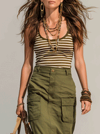 Casual Boho Stripe Top With High-Waist Cargo Skirt