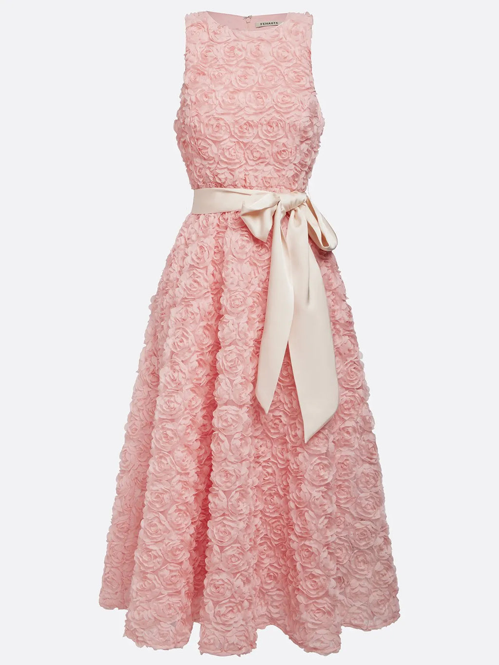 Pink 3D Floral Bow Crew Neck A-Line Midi Dress With Pockets