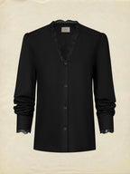 Linen Shirt, Half Sleeve, V Neck, Plain, Lace, French Vintage, Black