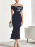 Navy Blue Off-the-Shoulder Print Dress