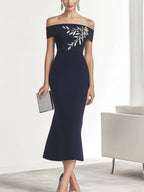 Navy Blue Off-the-Shoulder Print Dress