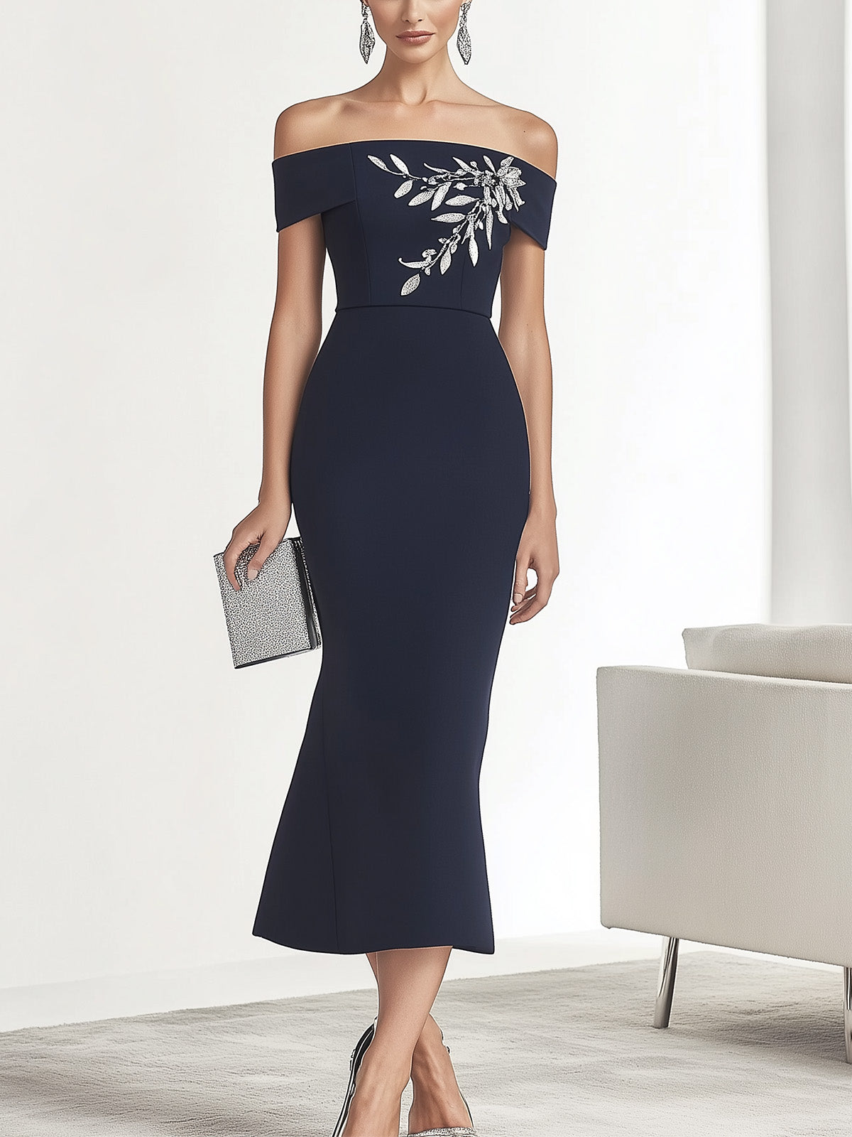 Navy Blue Off-the-Shoulder Print Dress