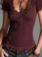 Vintage Faded Knitted Short-sleeved T-shirt With Lace Trim