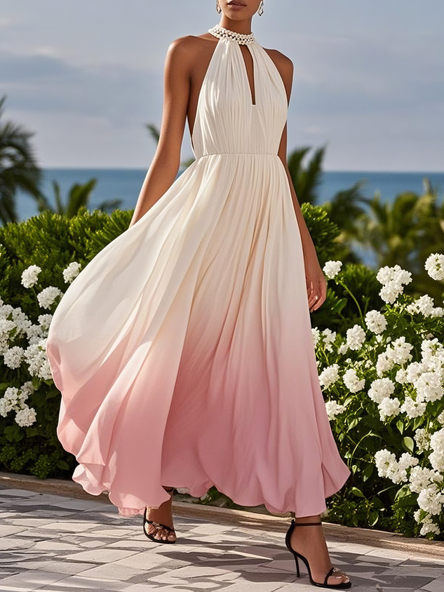 Pink Chiffon Halter Ombre Faux Pearl Cut Out Sleeveless A-Line Mock Neck Maxi Dress