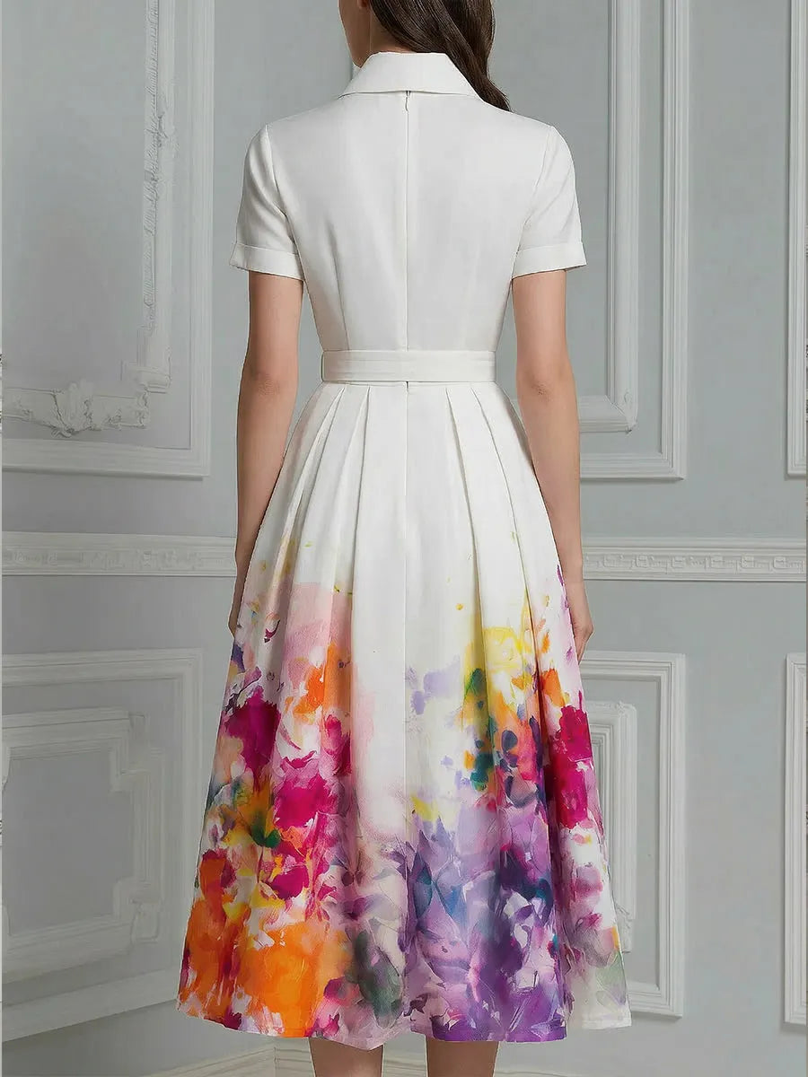 Collared Button-Front Floral A-Line Midi Dress With Belt
