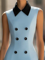 Sky Blue Satin Dress With Black Collar And Double Breasted Buttons