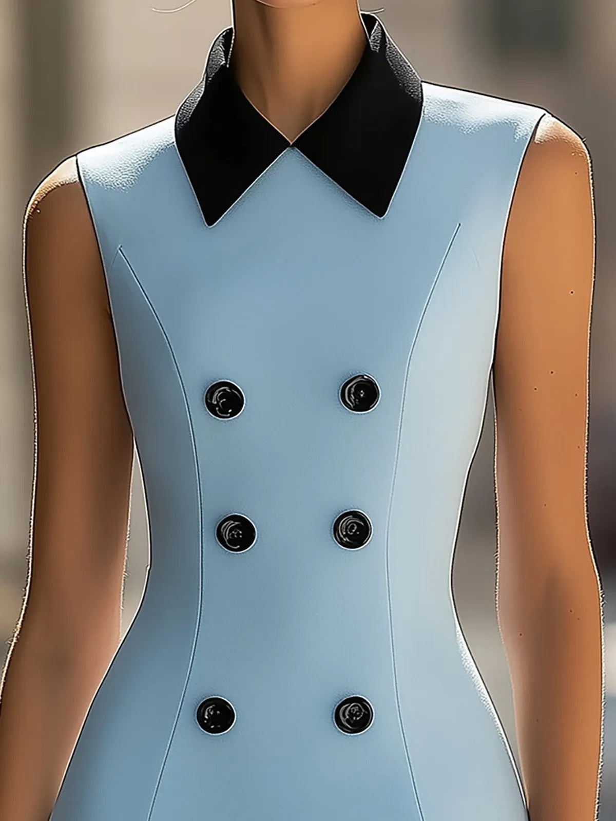 Sky Blue Satin Dress With Black Collar And Double Breasted Buttons