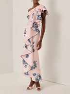 Pink Floral Ruffled Satin One Shoulder Sleeveless Sheath Maxi Dress