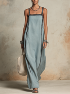 Light Blue Denim Striped Trim Maxi Slip Dress