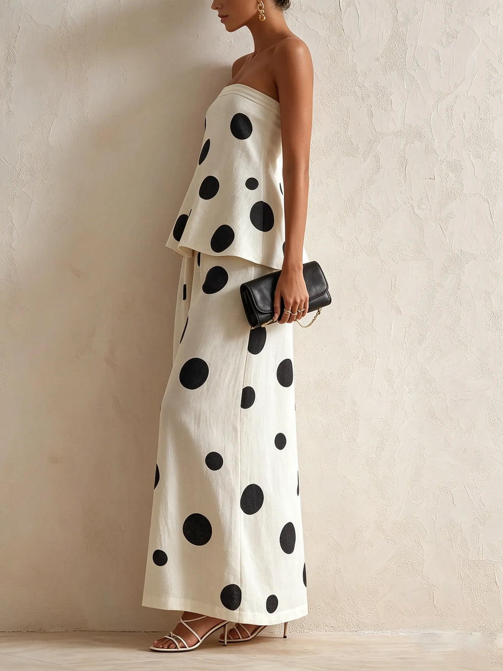Cream Polka Dot Linen-Blend Strapless Top & Wide-Leg Pants Set