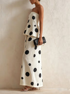 Cream Polka Dot Linen-Blend Strapless Top & Wide-Leg Pants Set