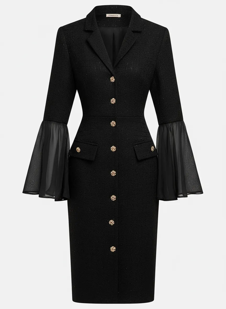 Black Buckle Mesh Tweed Lapel Collar Long Sleeve Bell Sleeve Sheath Midi Dress
