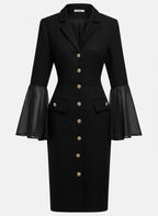 Black Buckle Mesh Tweed Lapel Collar Long Sleeve Bell Sleeve Sheath Midi Dress