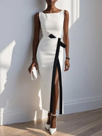 White Piping Classic Boat Neck Sleeveless Sheath Maxi Dress