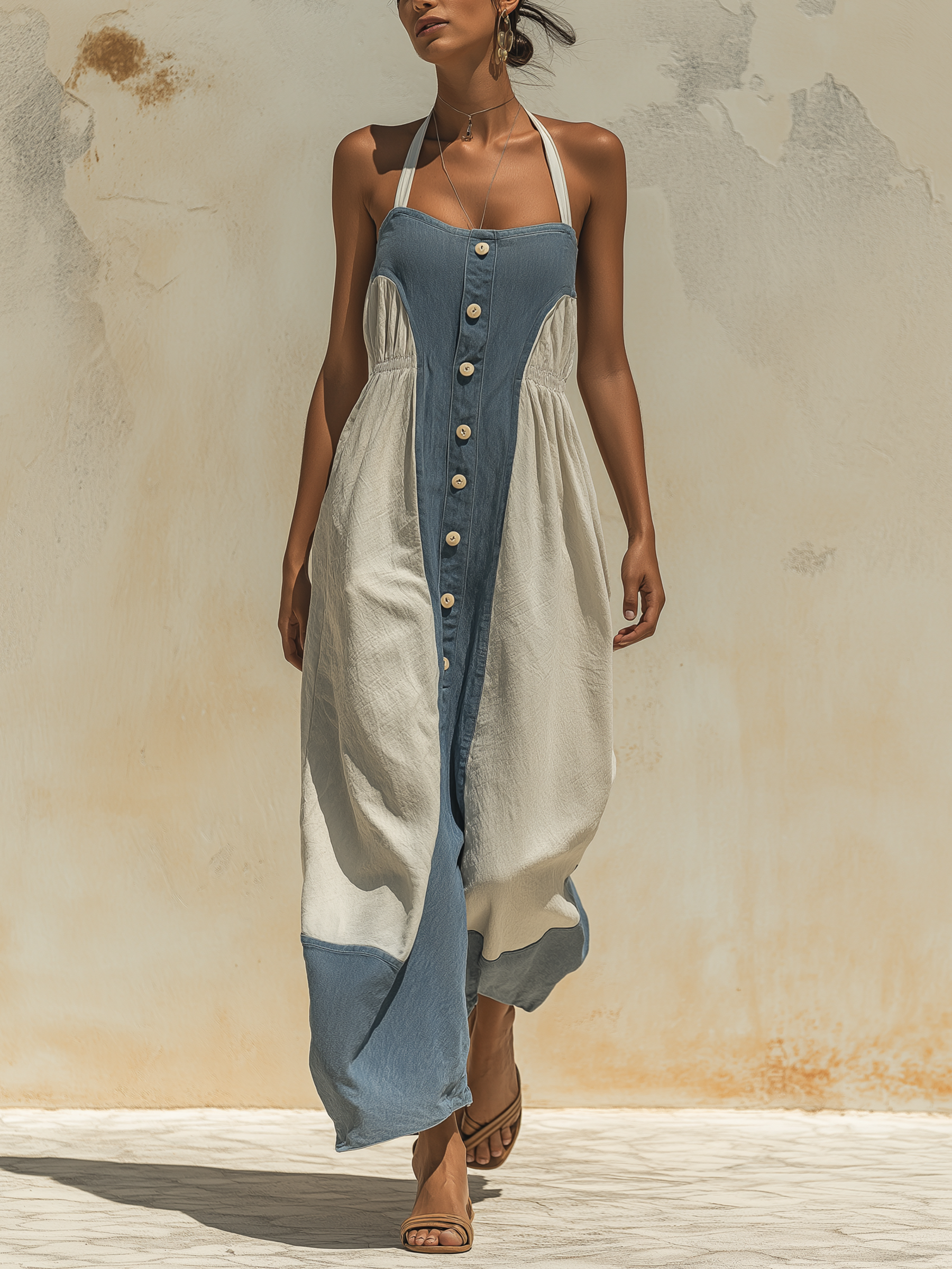 Halter Neck Color Block Wide Leg Jumpsuit